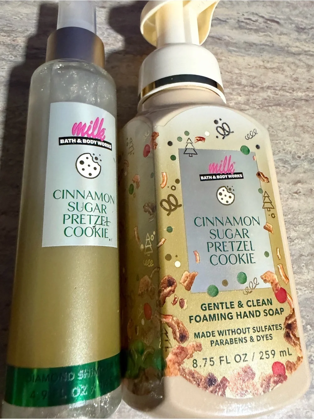 Bath & Body Works Milk Cinnamon Sugar Pretzel Cookie Soap & Diamond Shimmer Mist